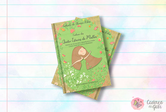 Caderno das quatro estações da mulher - Imagem ilustrativa da capa verde com folhas no tom salmon e uma menina de cabelos castanhos